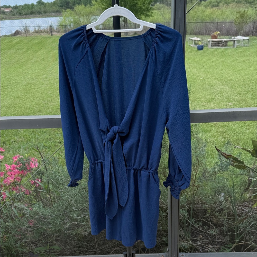 SHEIN Navy Blue Long Sleeve Tie-Front Romper